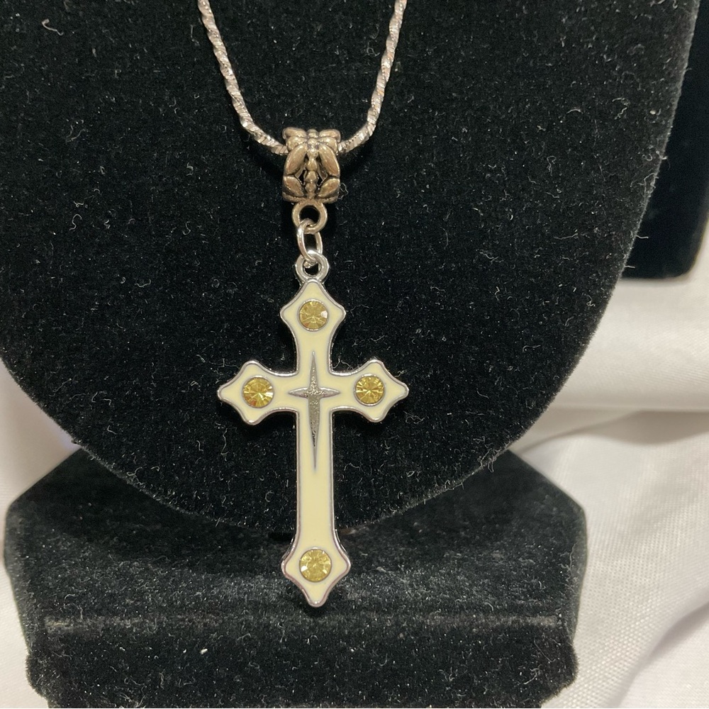 Elegant Silver Tone Enameled Rhinestone Cross Pendant Necklace (Lia Sophia)